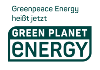 Logo mit dem Schriftzug „Greenpeace Energy heißt jetzt Green Planet Energy“ auf weißem Hintergrund.